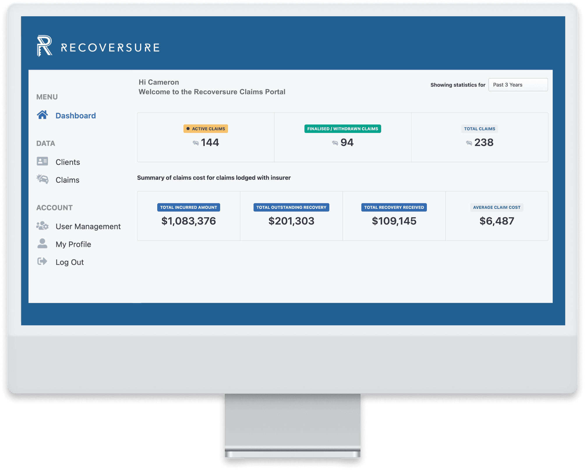 Recoversure claims portal dashboard showing active, finalised and total claims with cost and recovery summaries