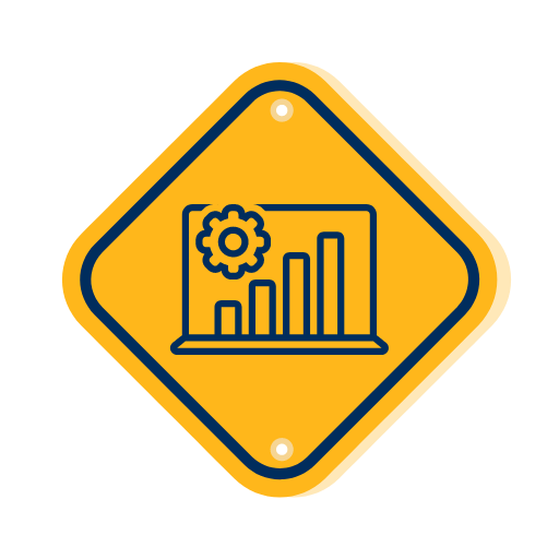 Image of an icon with a laptop with a bar chart and a cog for Recoversure - 24/7 real time reporting